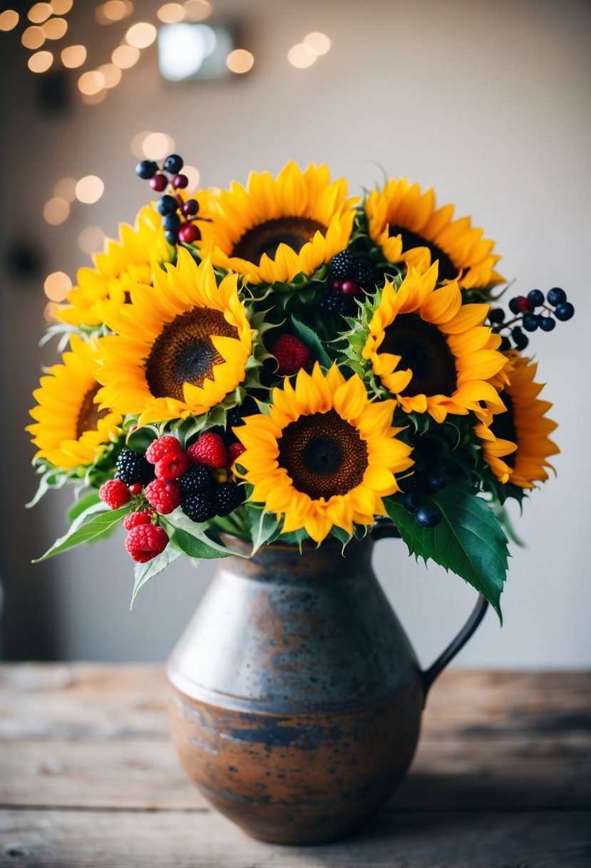 A vibrant bouquet of sunflowers and berries arranged in a rustic vase