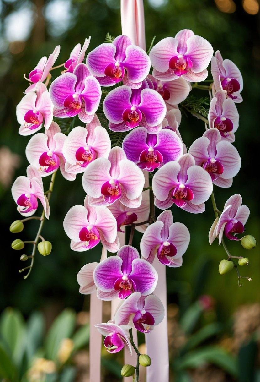 A cascading bouquet of Phalaenopsis orchids in shades of pink and white, accented with greenery, held together with a satin ribbon