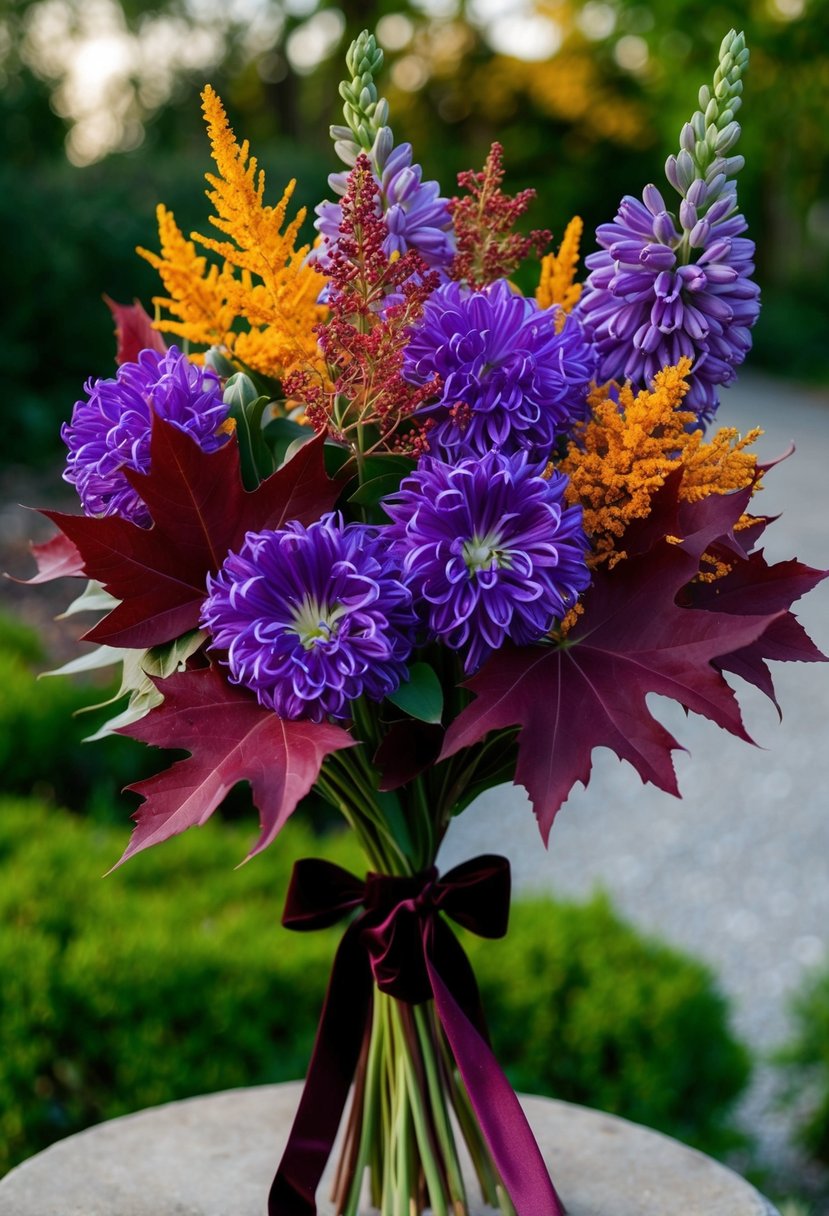 A lush bouquet of deep purple agapanthus, goldenrod, and crimson maple leaves, tied with a velvet ribbon