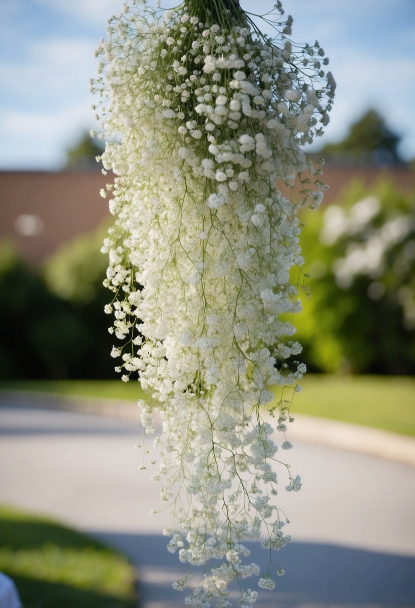 A cascading bouquet of delicate baby's breath, clustered at the top and flowing down in a graceful cascade