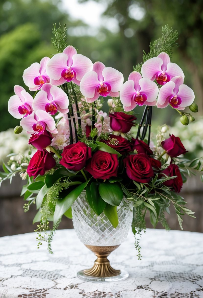 A lush bouquet of pink orchids and red roses, intertwined with delicate greenery, sits in a crystal vase on a white lace tablecloth