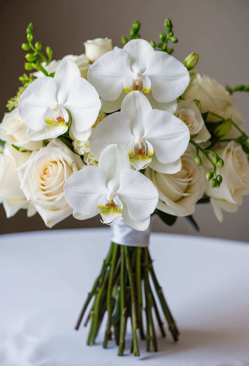 A classic white orchid and rose wedding bouquet, with delicate petals and green stems, arranged in a rounded, elegant shape