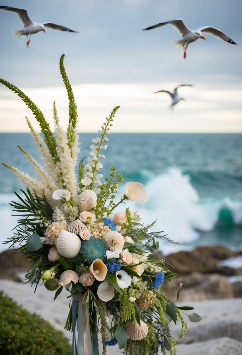 A cascading bouquet of sea-inspired flowers, shells, and greenery, set against a coastal backdrop with crashing waves and seagulls in the sky