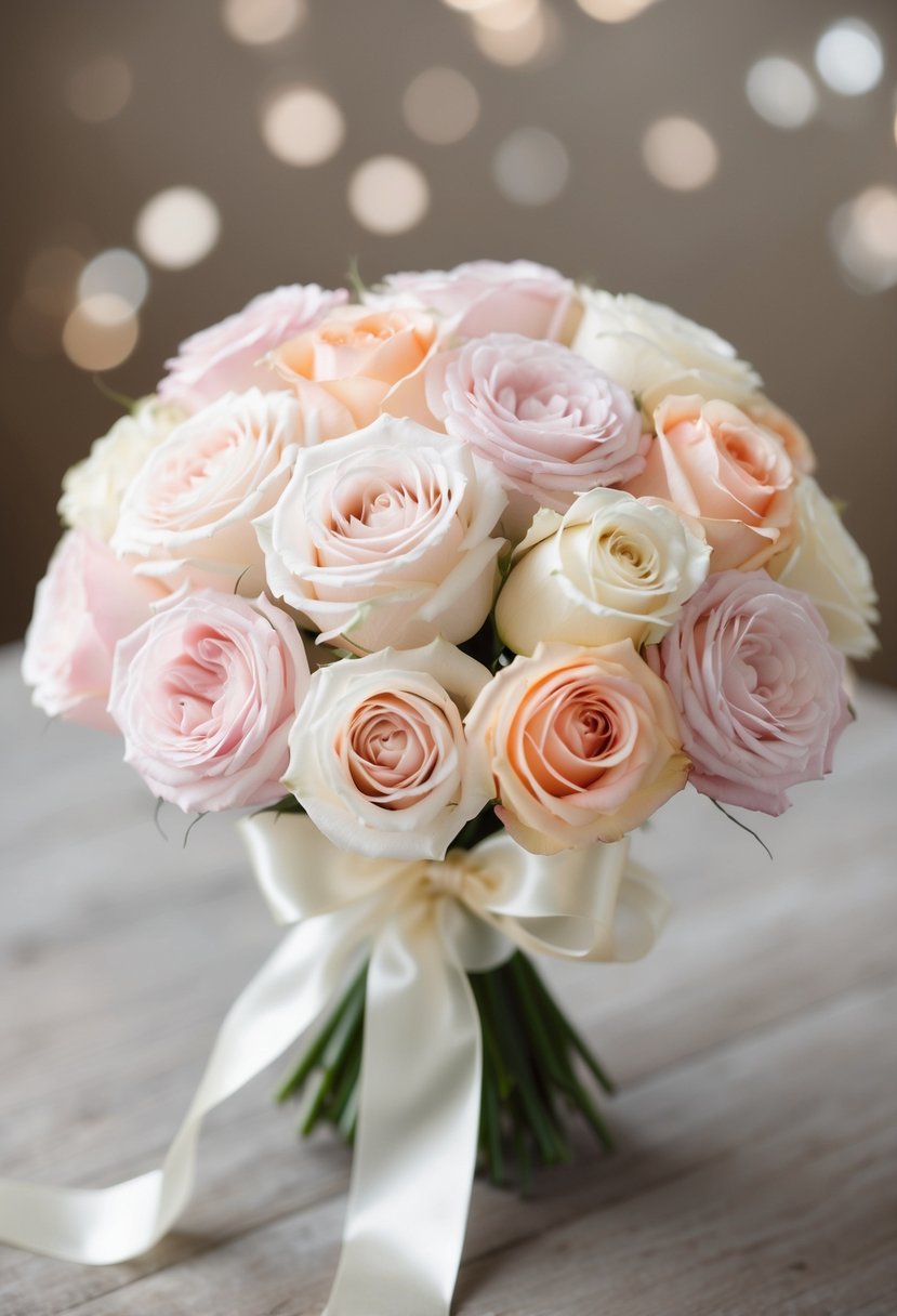 A collection of delicate pastel roses arranged in a wedding bouquet, with soft pink, cream, and peach hues, tied with a satin ribbon