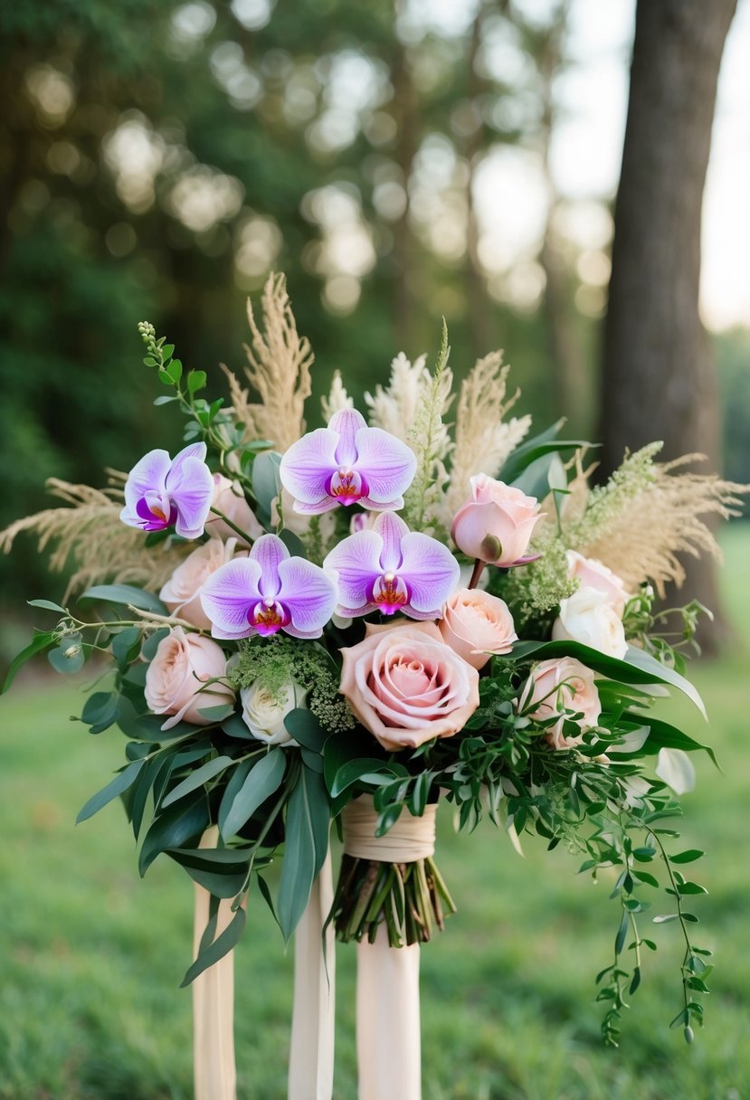 A boho-inspired wedding bouquet featuring a mix of orchids and blush roses in a loose, natural arrangement with flowing greenery