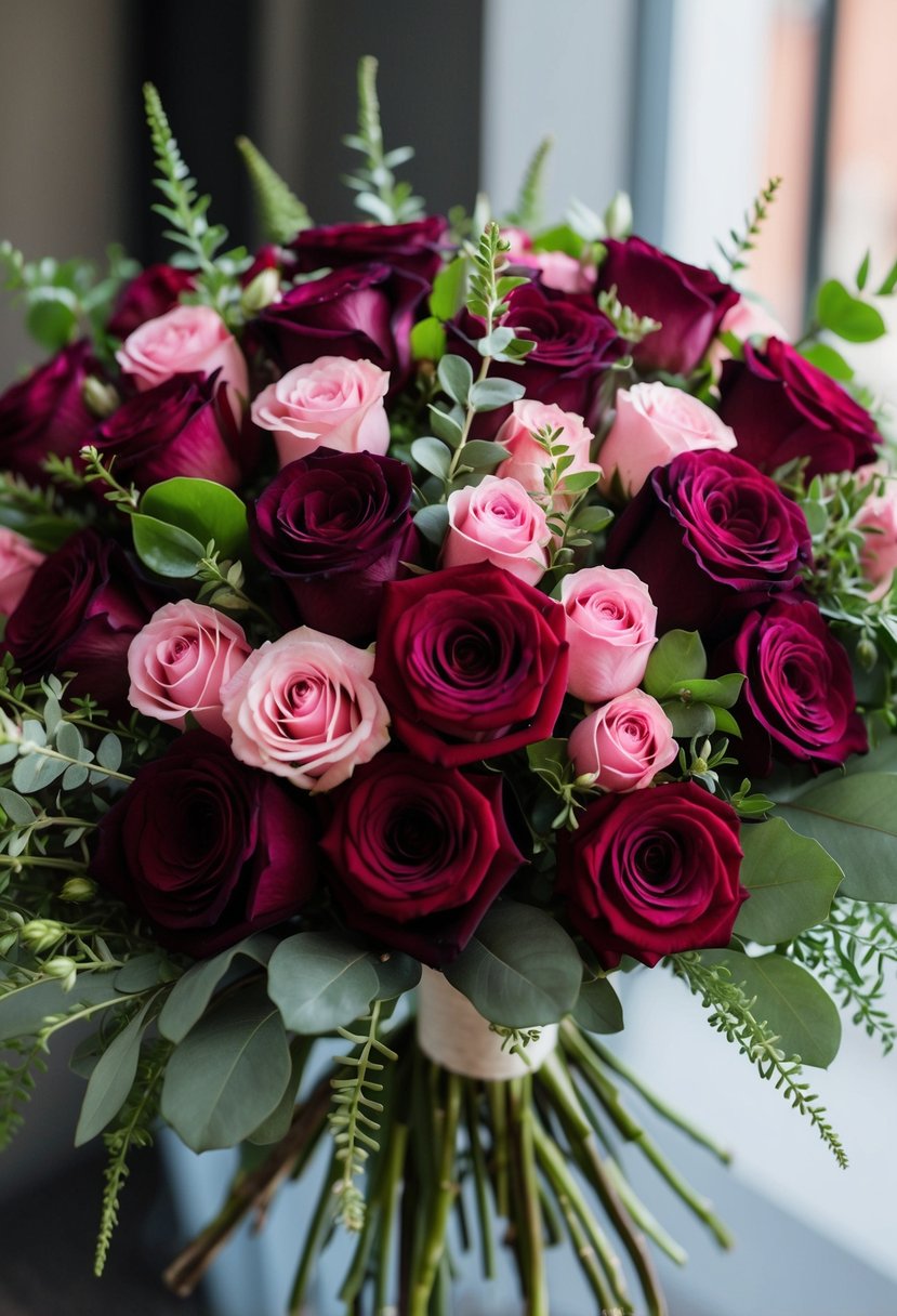 A lush bouquet of burgundy and pink Harmony roses, accented with greenery, arranged in a delicate, flowing style