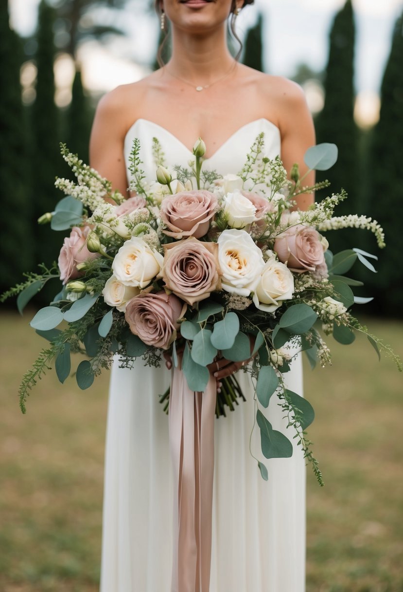 A cascading wedding bouquet with dusty rose and cream flowers