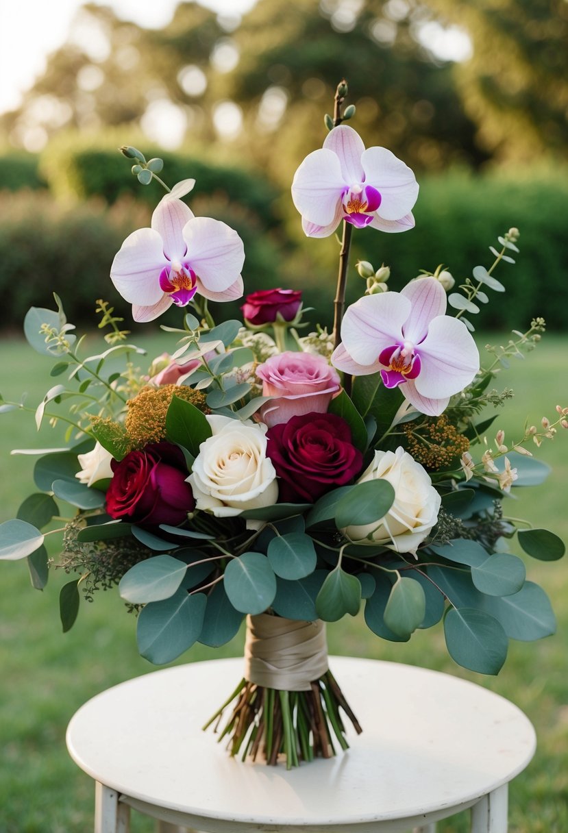 A rustic wedding bouquet featuring delicate orchids, vibrant roses, and fragrant eucalyptus, arranged in a lush, organic style