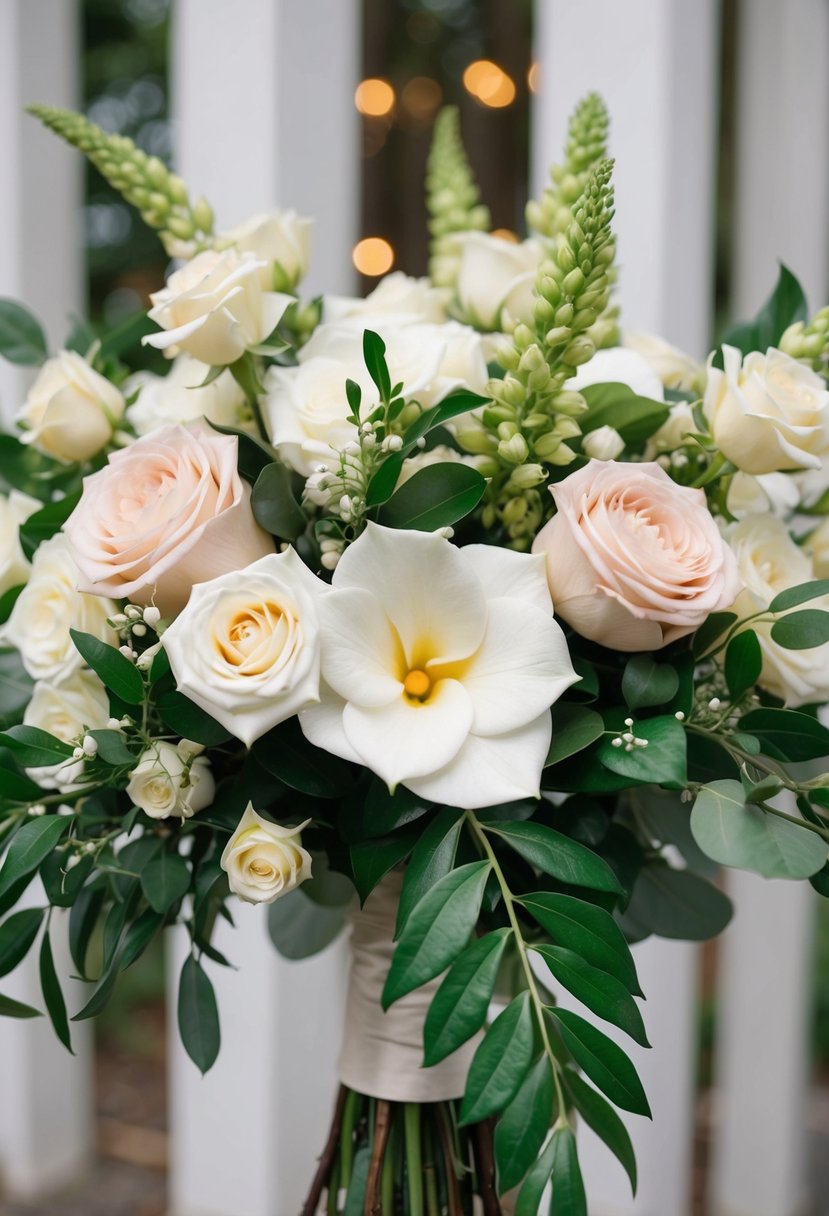 A cascading wedding bouquet featuring Gardenia and Avalanche Rose