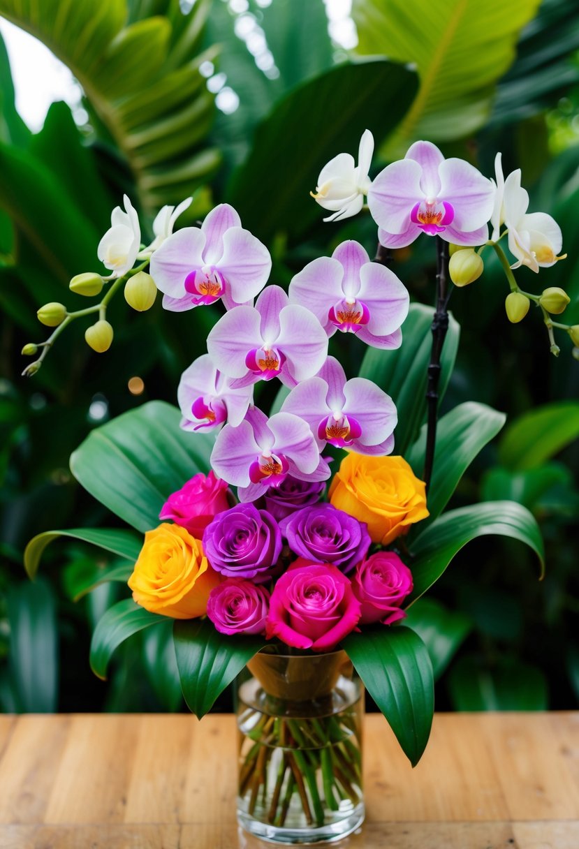 A vibrant bouquet of mixed orchids and roses against a backdrop of lush, tropical foliage