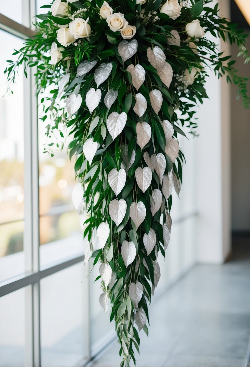 A modern cascade wedding bouquet featuring silver dollar leaves cascading down in a graceful and elegant arrangement