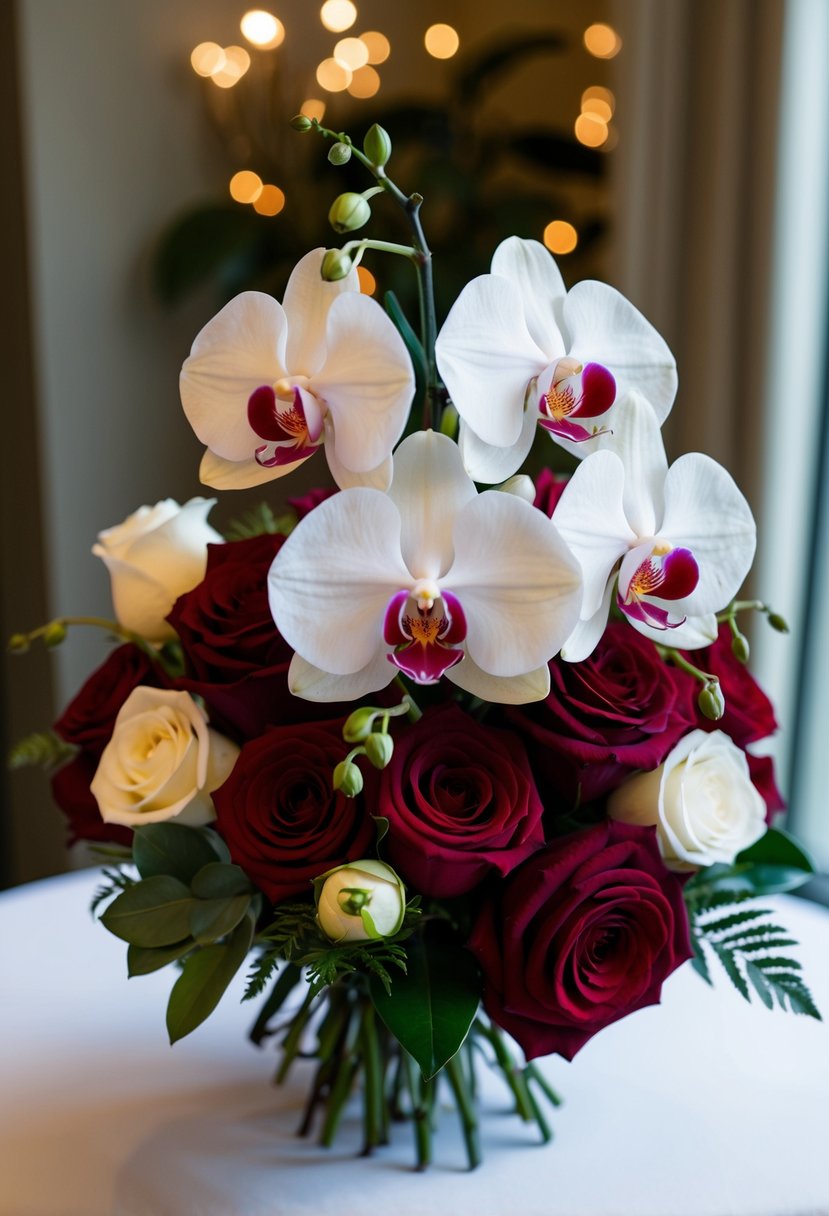 A white orchid and deep red rose wedding bouquet, arranged in an elegant and sophisticated design