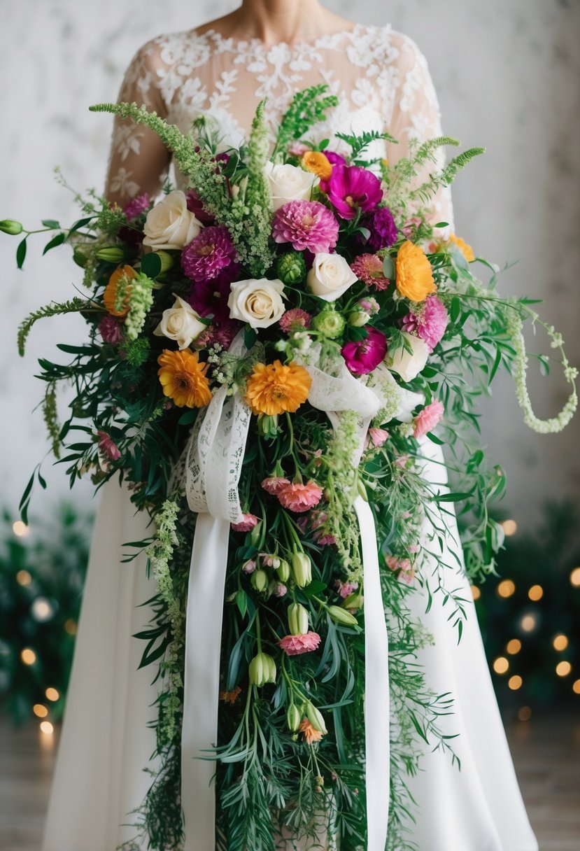 A cascading bouquet of vibrant flowers and greenery, intricately intertwined with delicate ribbons and lace, creating a unique and custom handmade wedding masterpiece