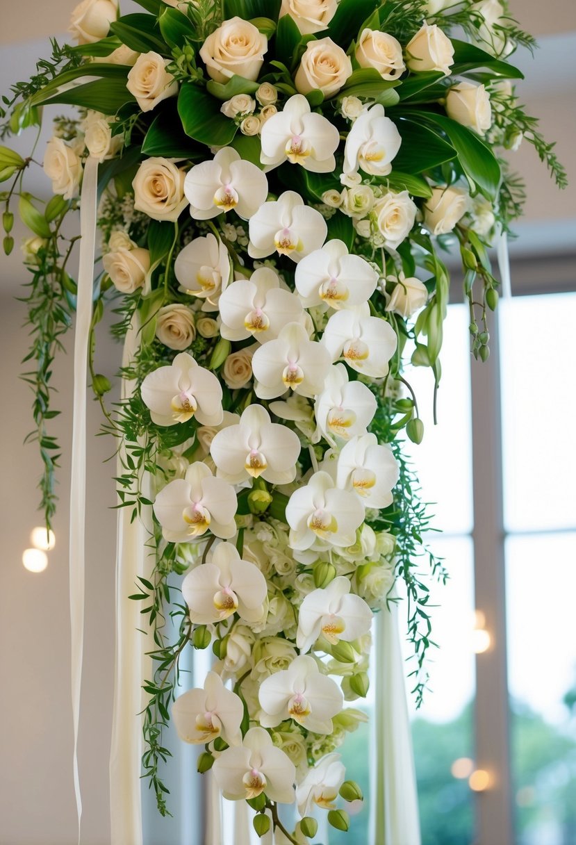 An elegant cascade of orchids and ivory roses, arranged in a flowing, organic form, with delicate greenery and trailing ribbons