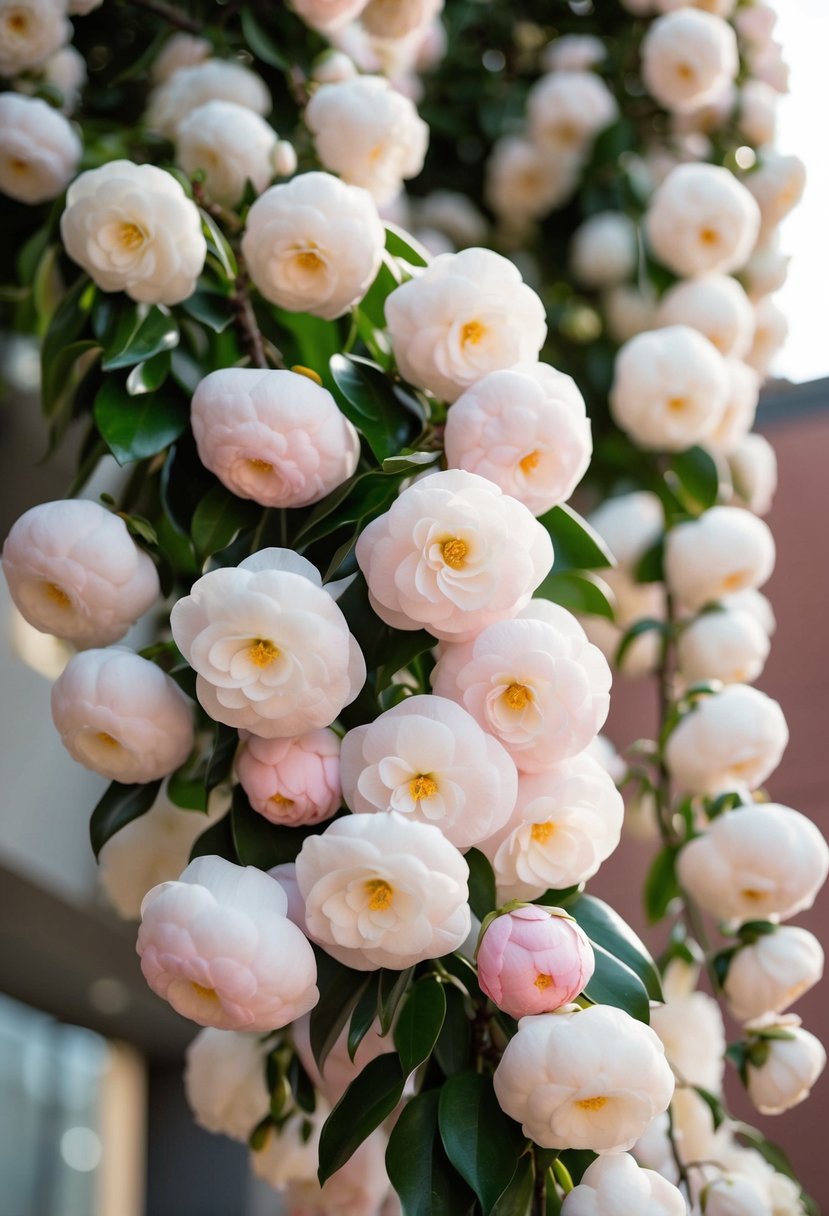 A cascading bouquet of elegant camellias in full bloom