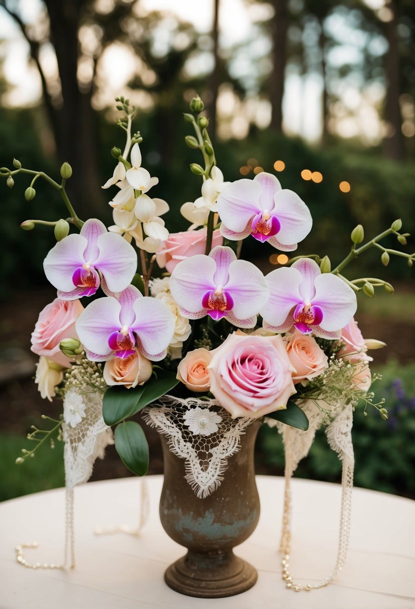 A vintage-inspired wedding bouquet with orchids, pink roses, and lace, arranged in a rustic vase