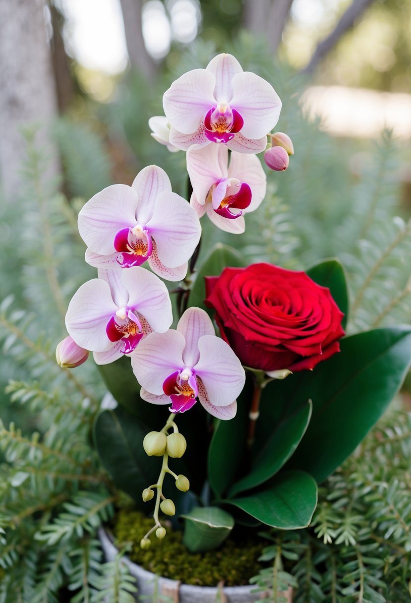 A small bouquet of orchids and roses surrounded by greenery