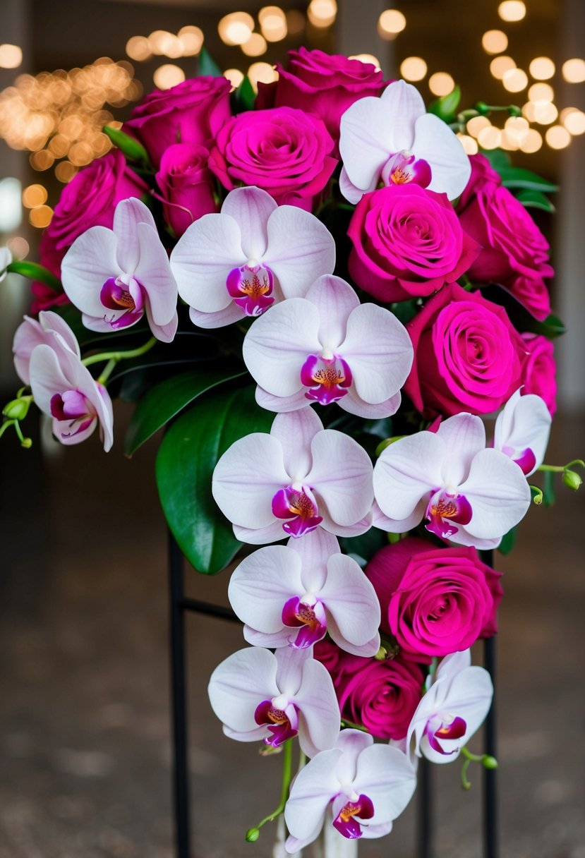 A lush bouquet of bold orchids and vibrant pink roses arranged in a cascading design