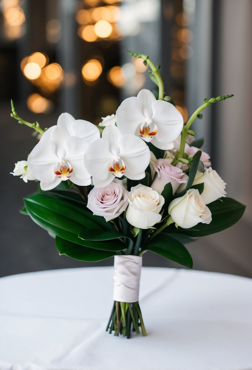 A sleek, modern wedding bouquet featuring minimalist orchids and roses