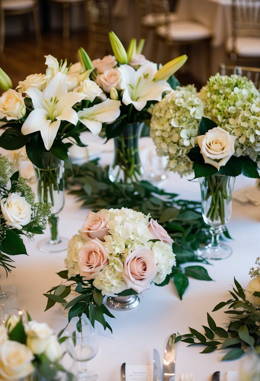 A table adorned with various wedding bouquet options, including roses, lilies, and hydrangeas, arranged in elegant vases and surrounded by greenery