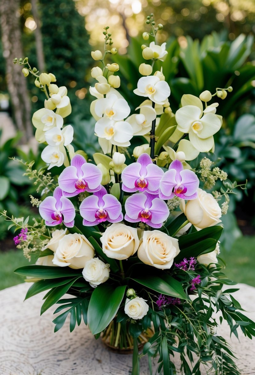 A vibrant bouquet of mixed orchids and cream roses arranged in a garden-inspired style, with lush green foliage and delicate floral accents