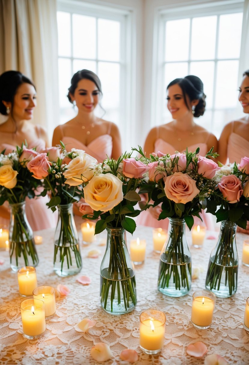 Bridesmaids' bouquets arranged in glass vases on a lace-covered table, surrounded by flickering candles and scattered rose petals