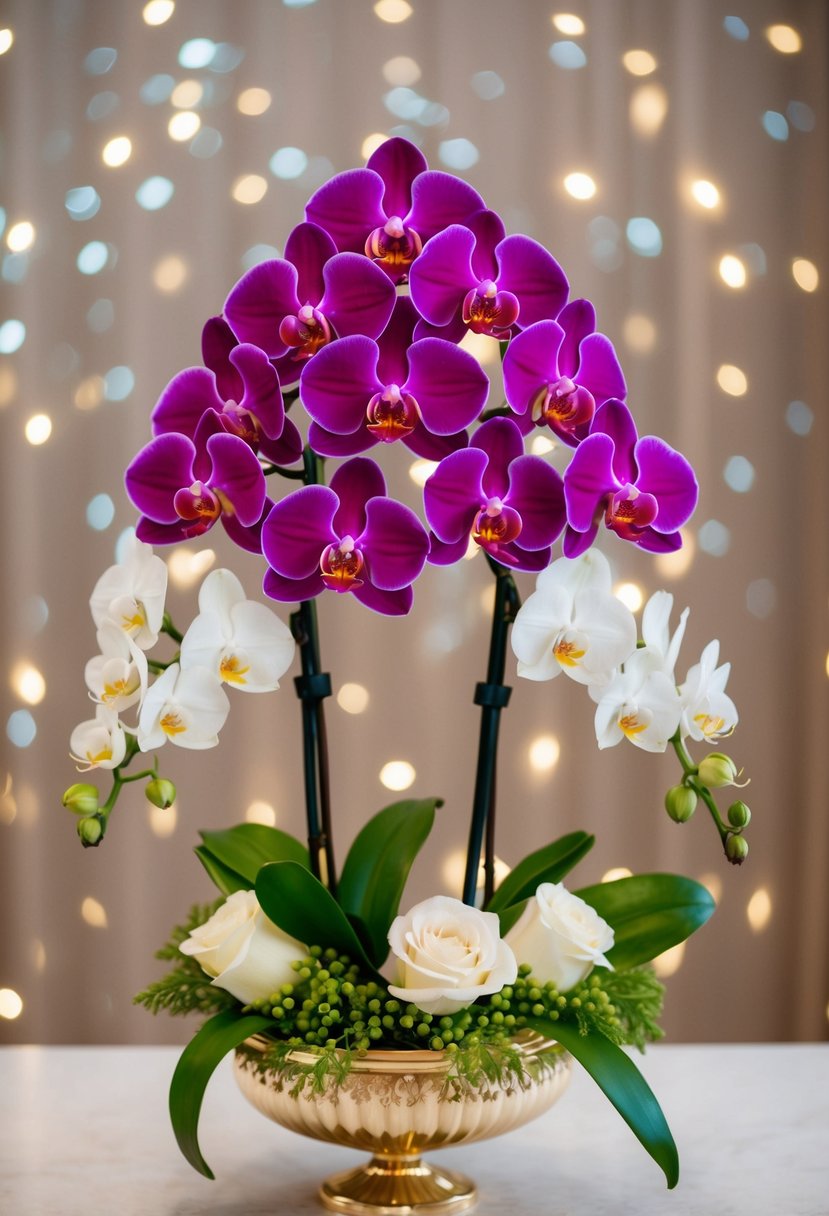 A whimsical arrangement of colorful orchids and white roses