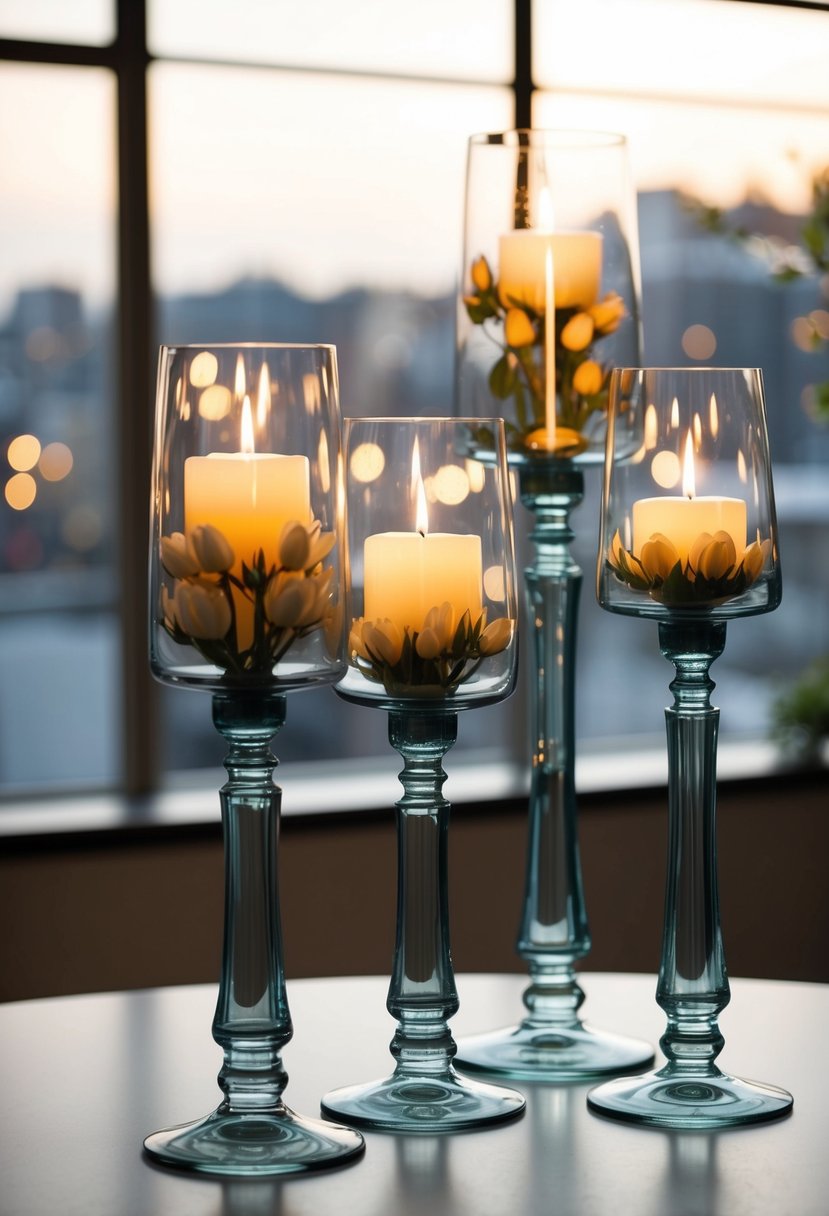 Three glass candle vases arranged at different heights on a table, each filled with blooming flowers