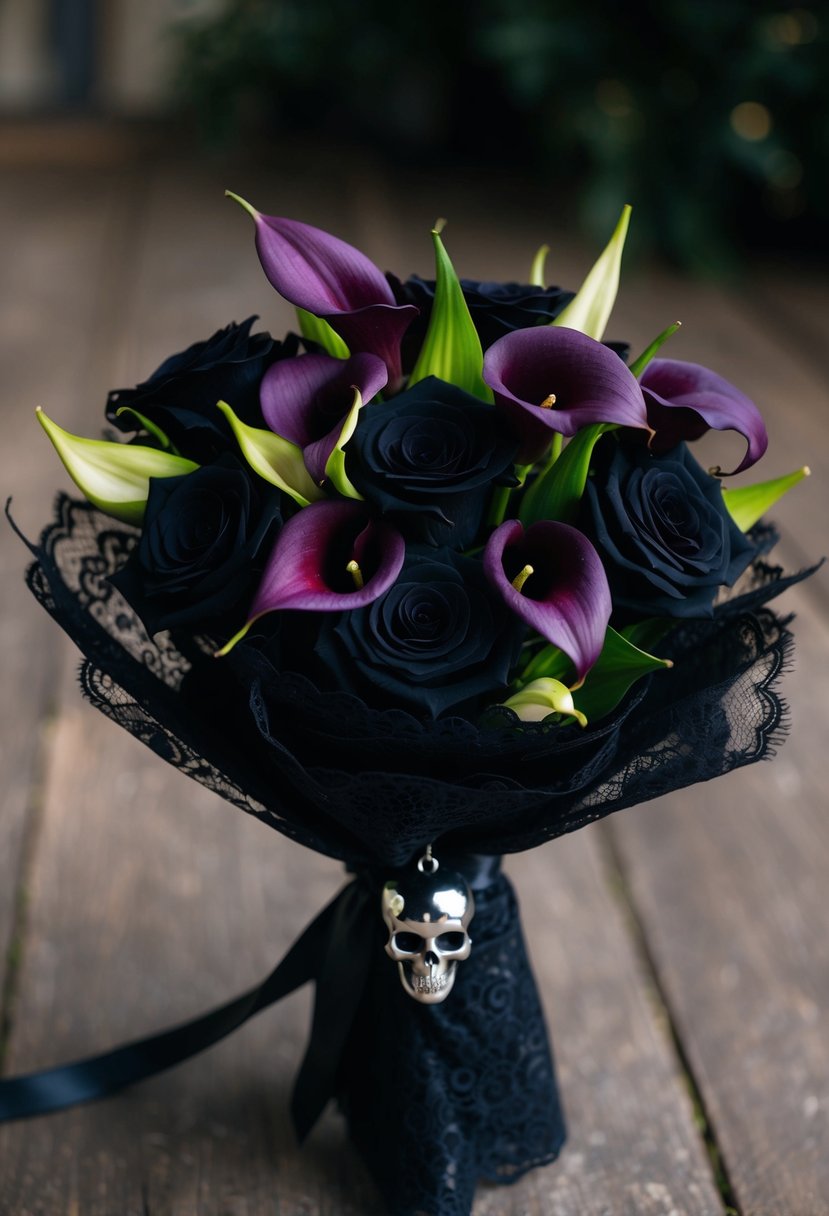 A bouquet of black roses and deep purple calla lilies, wrapped in black lace and adorned with a silver skull charm