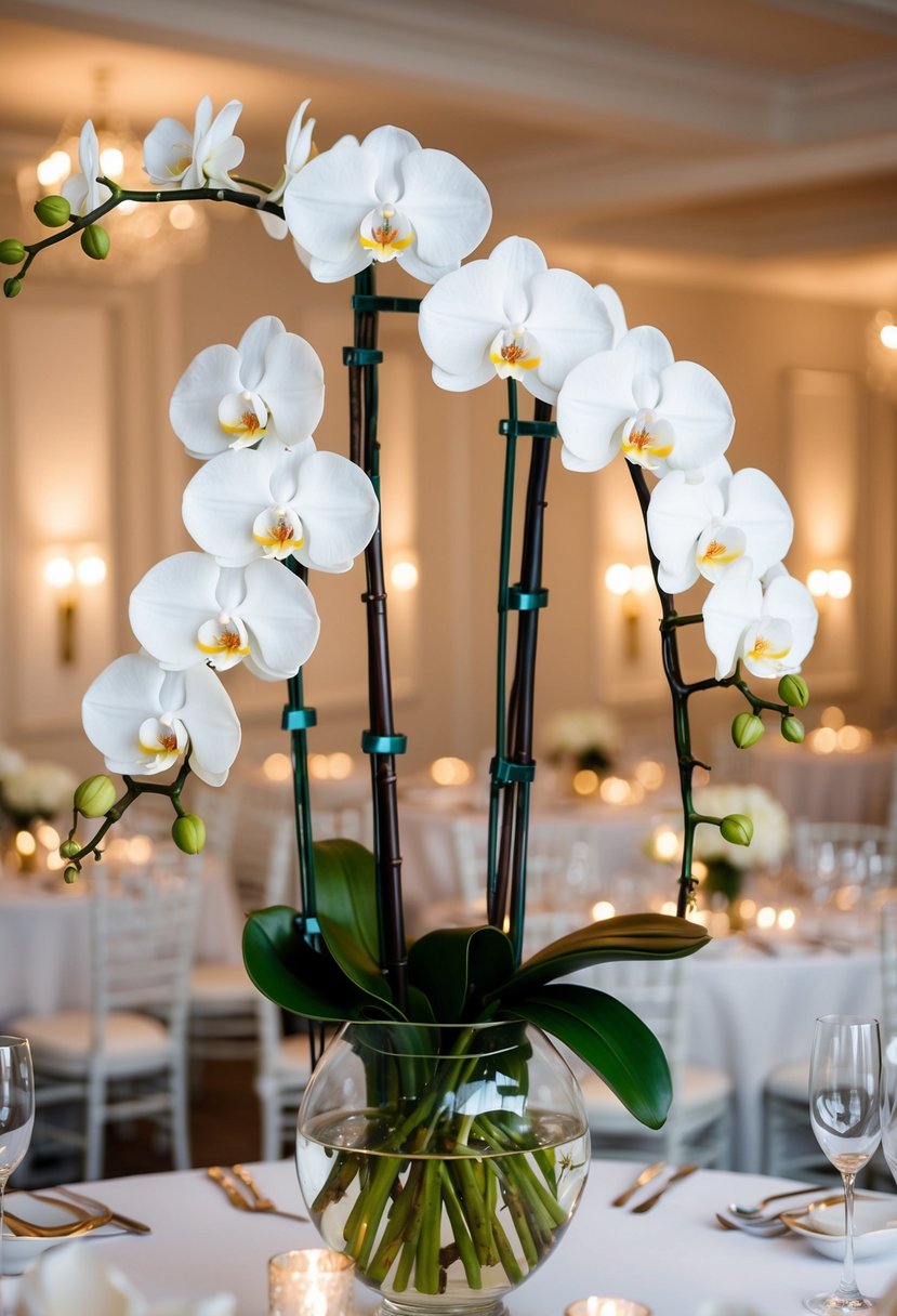 A glass vase holds long-stem orchids and roses, arranged in a romantic and elegant display