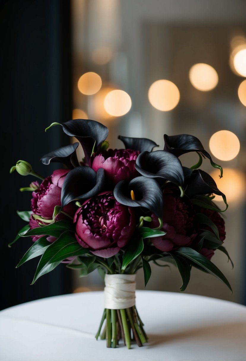 A dark wedding bouquet featuring burgundy peonies and black calla lilies