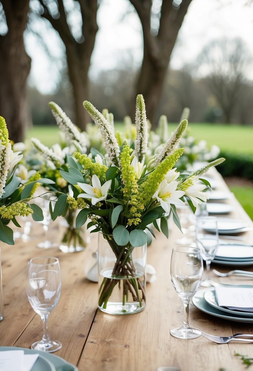 A table scattered with acacia and freesia for wedding bouquets