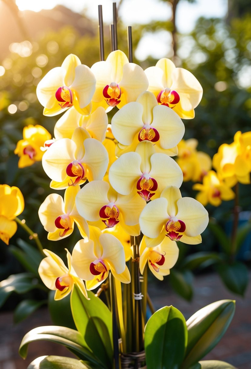 A vibrant bouquet of yellow orchids and roses basking in the sunlight