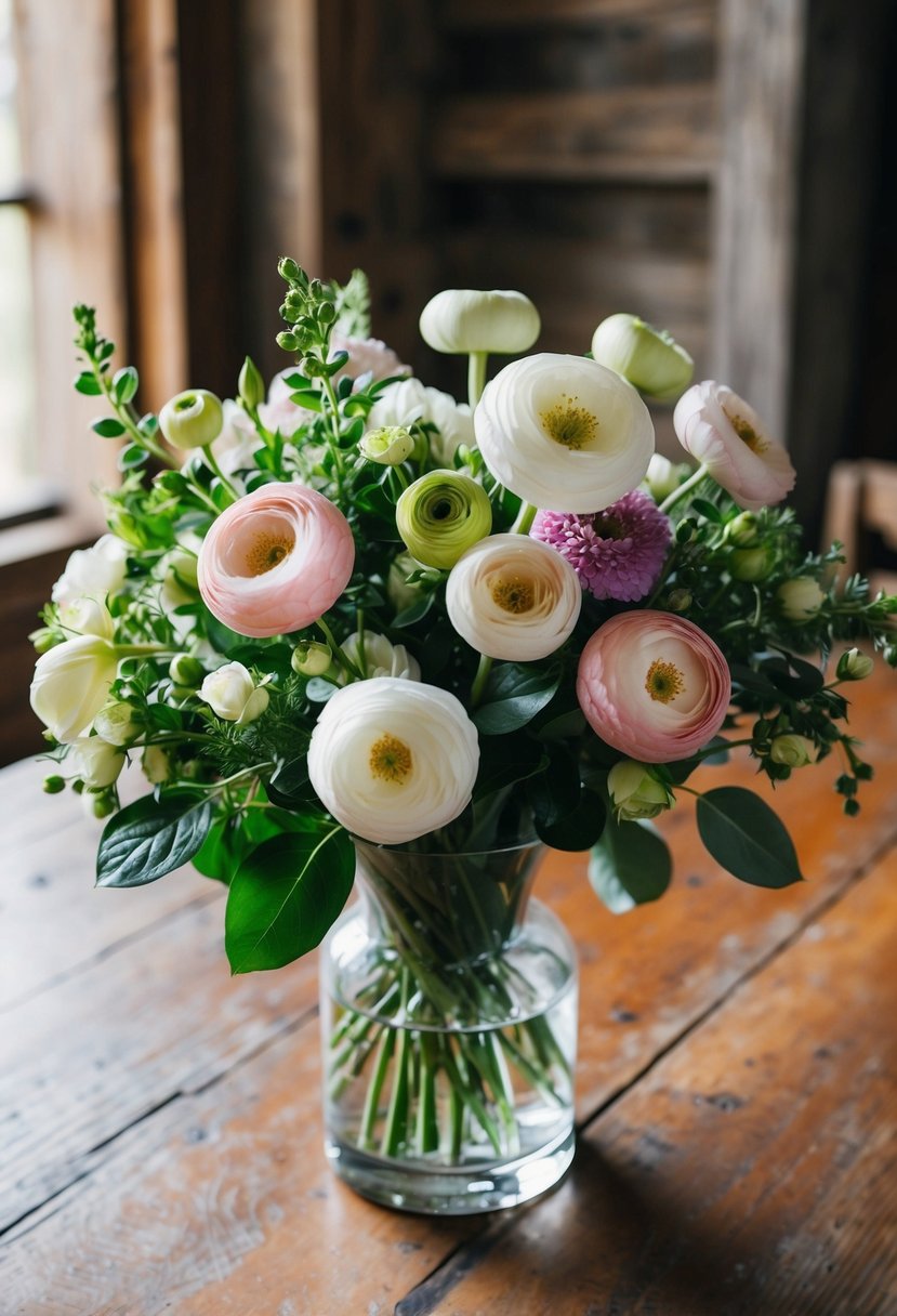 A lush wedding bouquet of ranunculus and stock flowers in a clear glass vase on a rustic wooden table