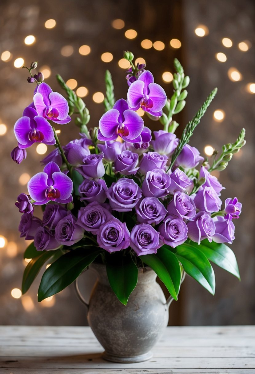 A lush bouquet of lavender roses and purple orchids arranged in a rustic vase