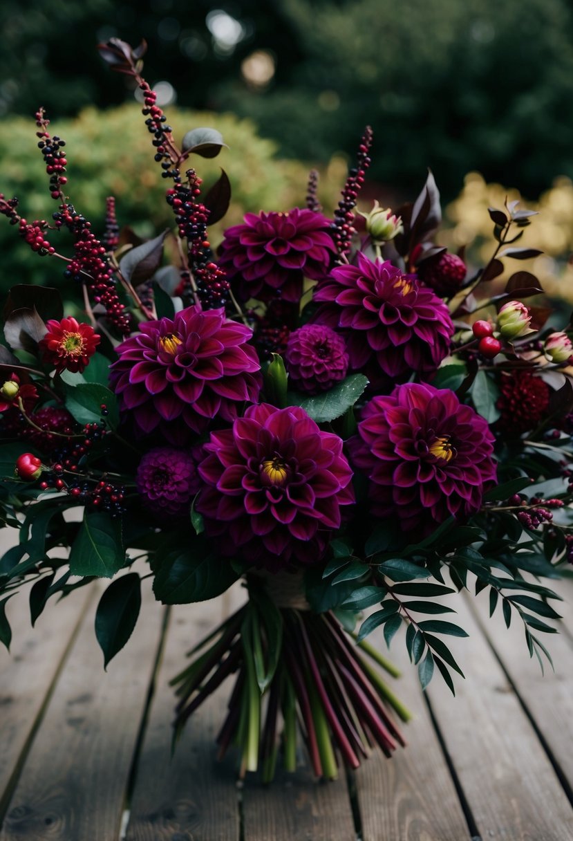 A lush bouquet of deep plum dahlias and berry branches, with dark foliage accents