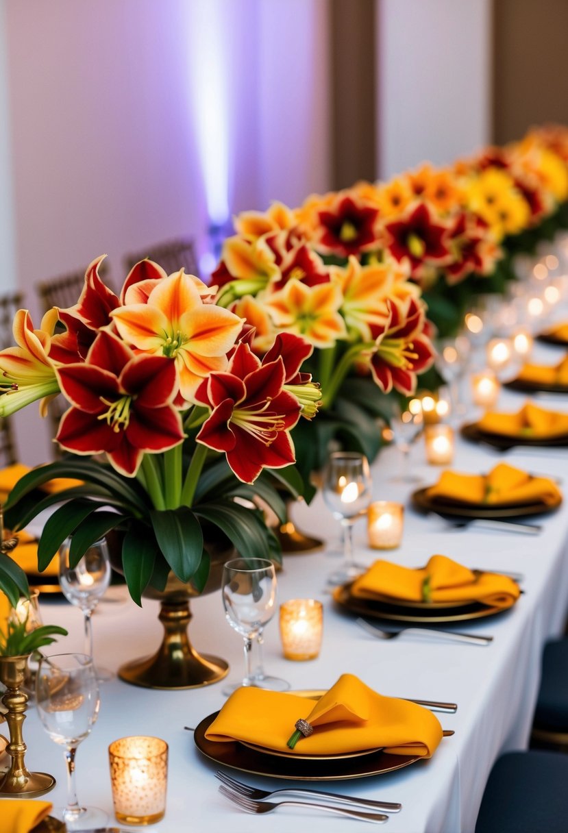 A table adorned with vibrant amaryllis centerpieces, creating a stunning display for wedding bouquet ideas