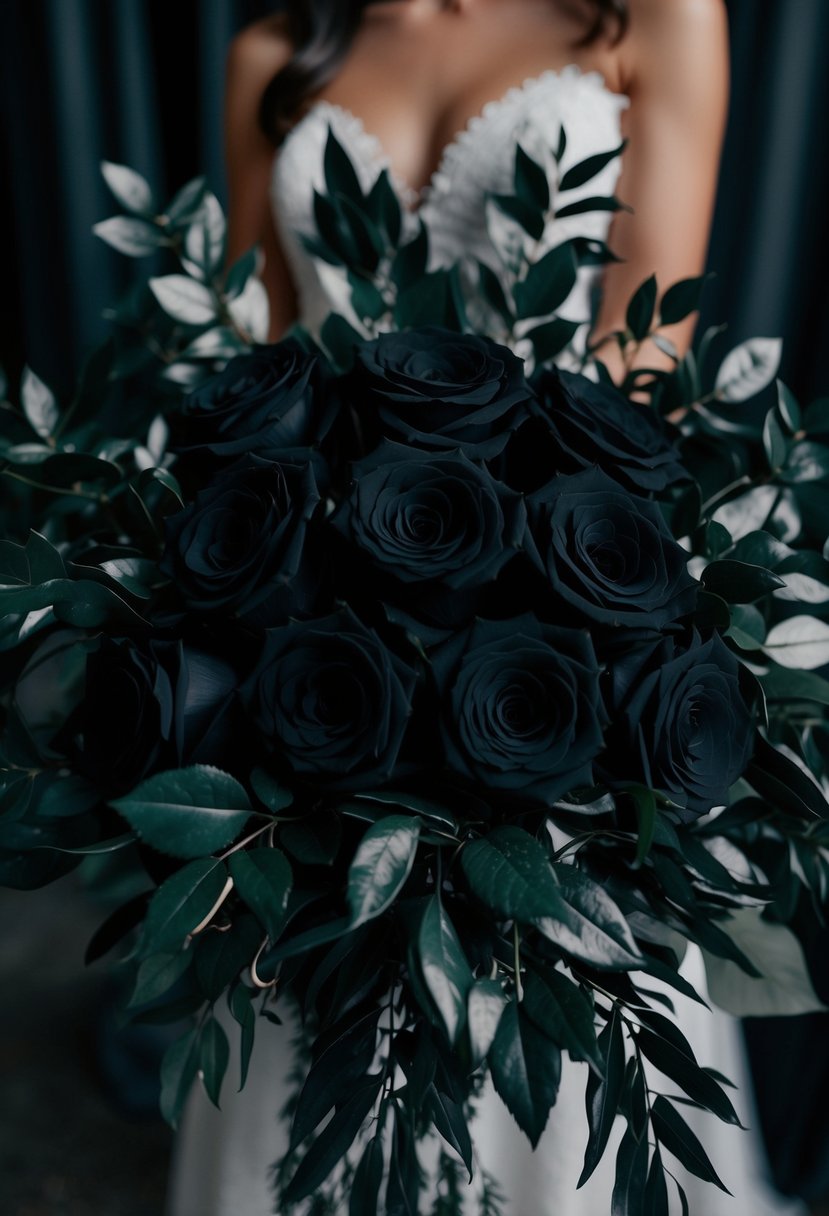 A bouquet of black roses surrounded by dark foliage, creating a moody and elegant wedding arrangement