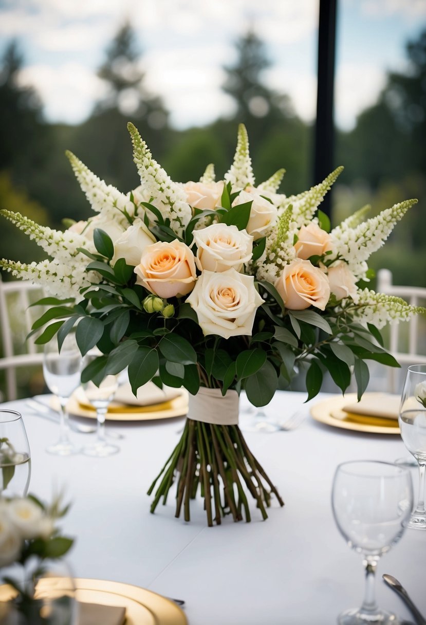 A bouquet of spirea and roses arranged on a table for a wedding centerpiece