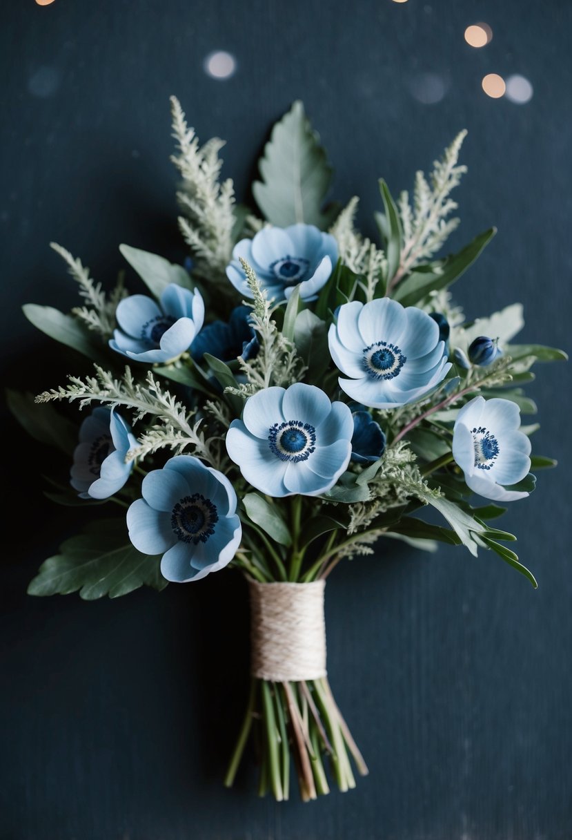 A navy blue anemone bouquet with dusty miller foliage, set against a dark background