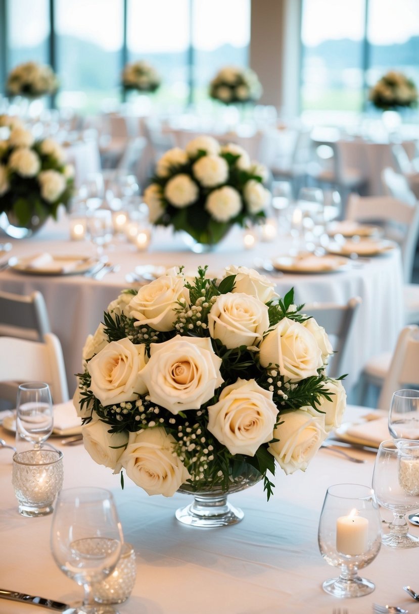 Tables adorned with white rose ball arrangements for a wedding bouquet