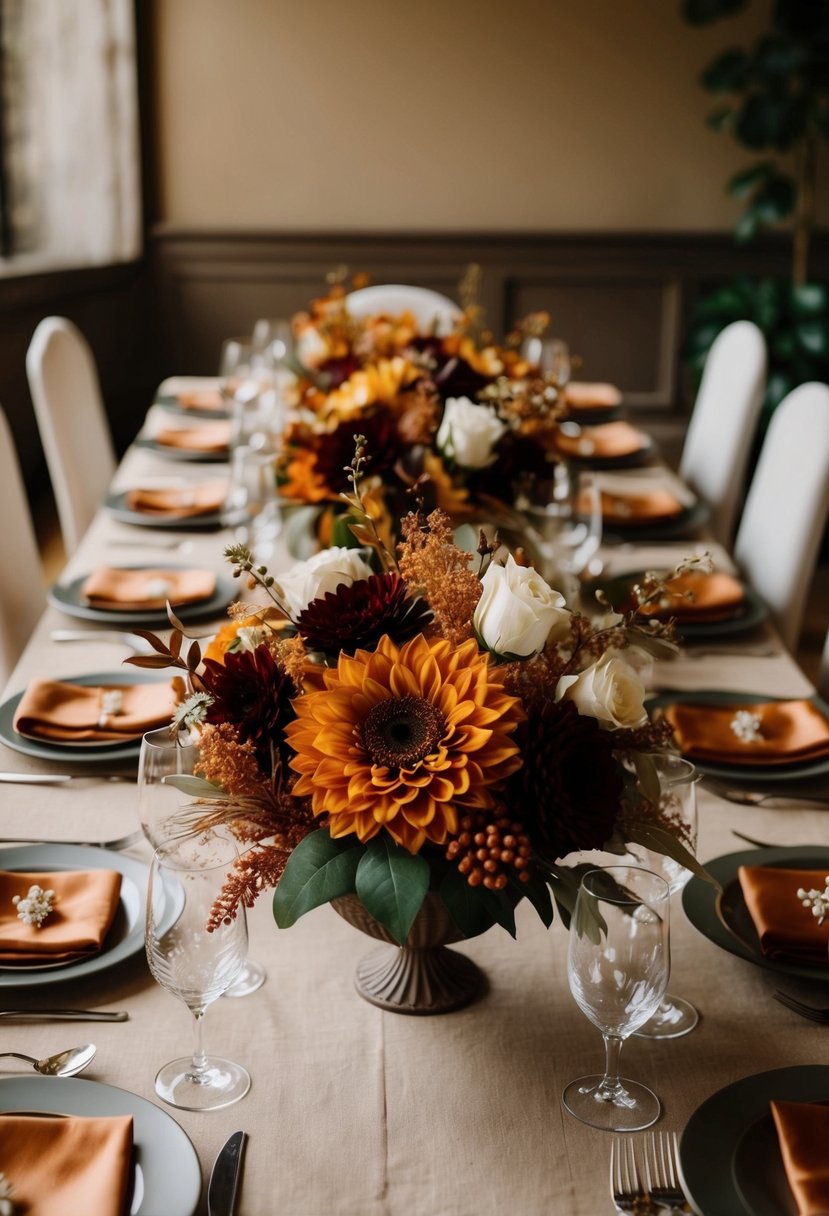 A table set with silk flowers in rich fall hues, arranged to create wedding bouquet ideas