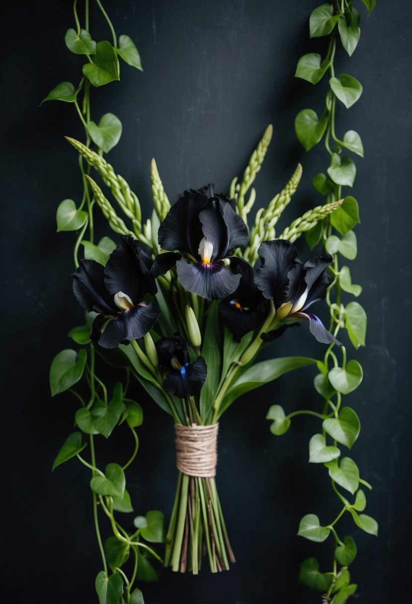 A black iris bouquet entwined with creeping green vines against a dark, gothic backdrop