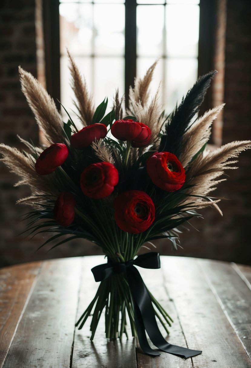 A bouquet of dark red ranunculus and black pampas grass, tied with a black ribbon, sits on a rustic wooden table