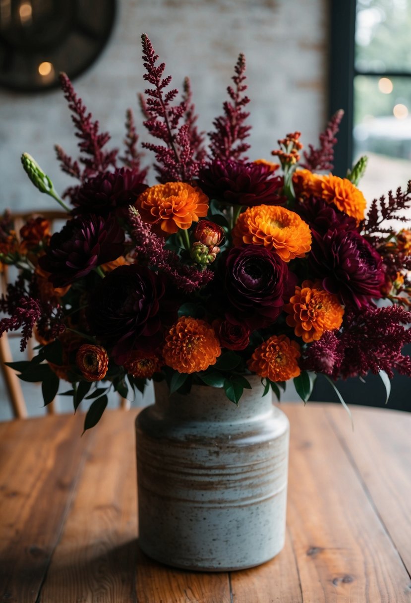 A lush bouquet of deep burgundy and burnt orange blooms arranged in a rustic vase on a wooden table