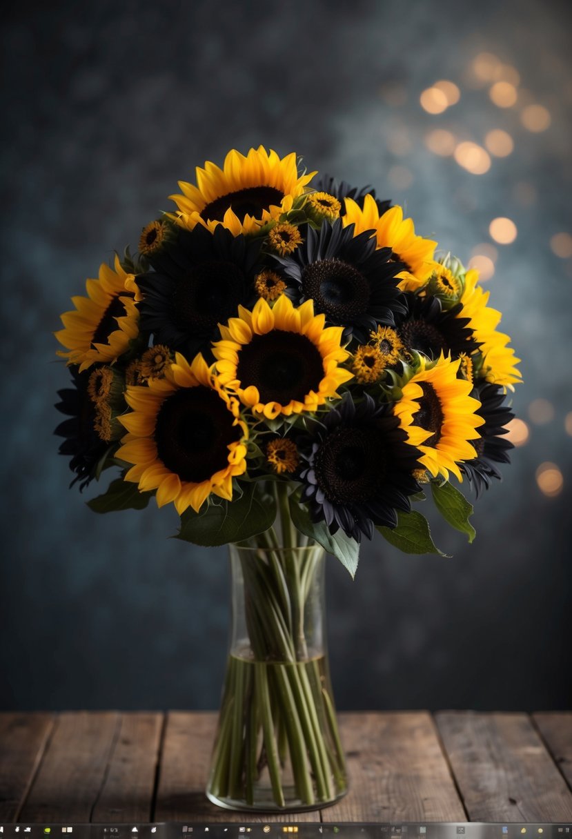 A bouquet of black sunflowers with golden accents, set against a moody background