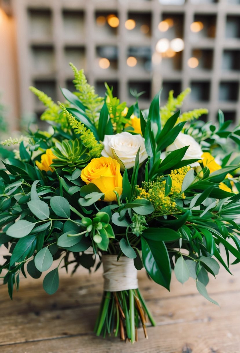 A vibrant wedding bouquet featuring lush green foliage and pops of golden yellow accents