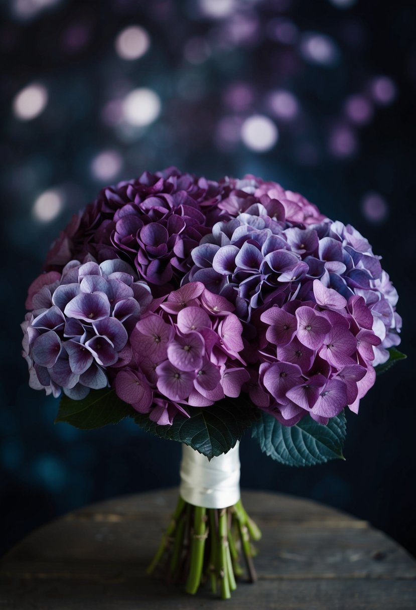 Oxidized hydrangeas in deep purple hues arranged in a moody wedding bouquet