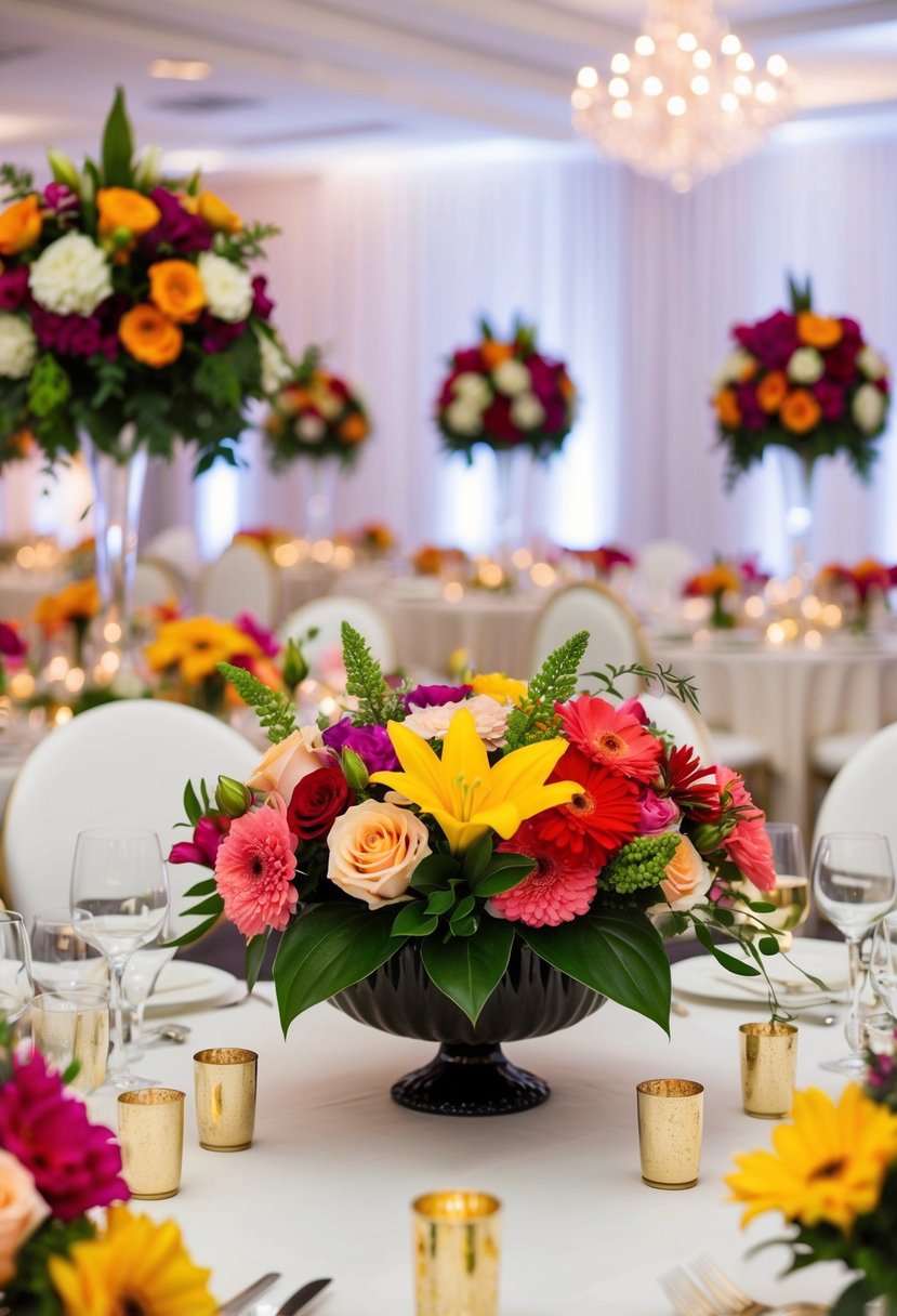 A variety of vibrant flowers arranged in elegant centerpieces for a wedding reception table