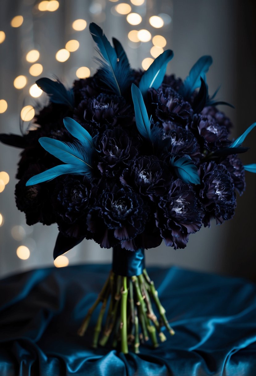 A bouquet of sultry dark carnations with feather details, arranged in a dramatic and elegant manner